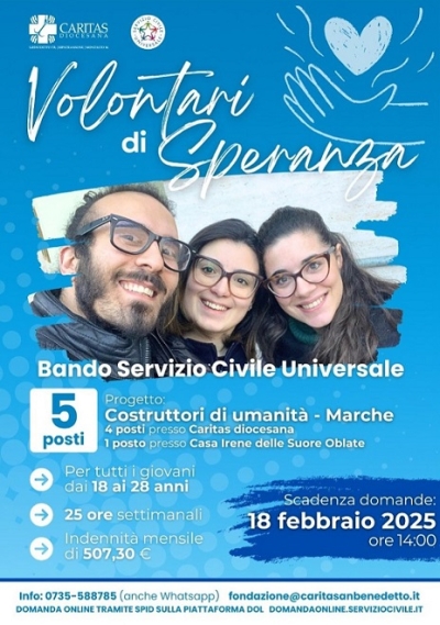 Servizio Civile: 5 posti presso la Caritas Diocesana di San Benedetto del Tronto