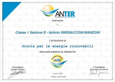 Energie rinnovabili, rispetto dell'ambiente e comportamenti sostenibili. Anche la Scuola Secondaria ISC NORD aderisce al progetto 'Il Sole in Classe' di Anter