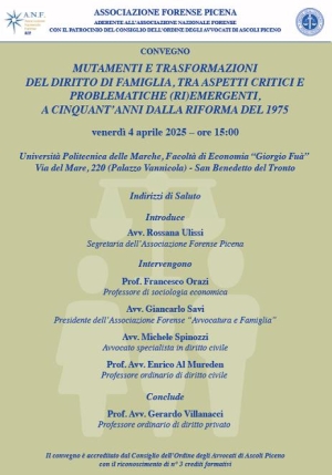 A San Benedetto convegno &quot;Mutamenti e trasformazioni del diritto di famiglia, tra aspetti critici e problematiche (ri)emergenti, a cinquant&#039;anni dalla riforma del 1975&quot;
